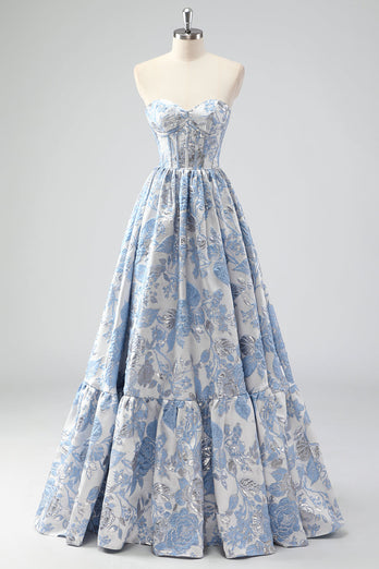 Cute Blue A Line Sweetheart Corset Brocade Long Prom Dress