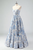Load image into Gallery viewer, Cute Blue A Line Sweetheart Corset Brocade Long Prom Dress