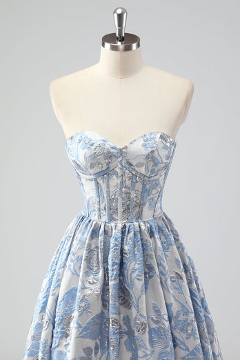 Cute Blue A Line Sweetheart Corset Brocade Long Prom Dress