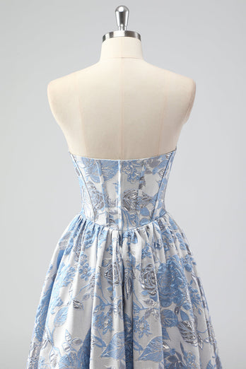 Cute Blue A Line Sweetheart Corset Brocade Long Prom Dress