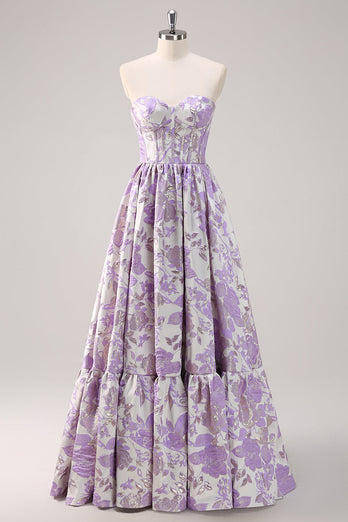 Cute Blue A Line Sweetheart Corset Brocade Long Prom Dress