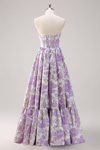 Cute Blue A Line Sweetheart Corset Brocade Long Prom Dress