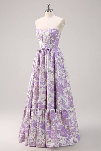 Cute Blue A Line Sweetheart Corset Brocade Long Prom Dress