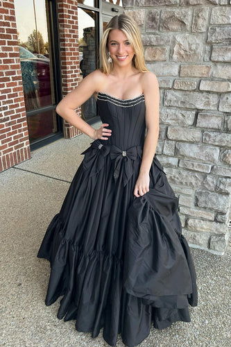 Black Corset A Line Pleated Bow Knot Strapless Prom Dress