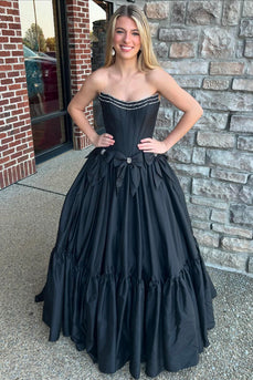 Black Corset A Line Pleated Bow Knot Strapless Prom Dress