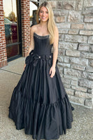 Load image into Gallery viewer, Black Corset A Line Pleated Bow Knot Strapless Prom Dress