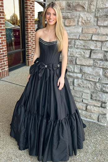 Black Corset A Line Pleated Bow Knot Strapless Prom Dress