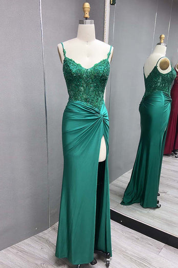 Black Lace Appliques Ruched Mermaid Spaghetti Straps Prom Dress with Slit