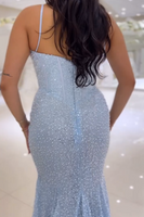 Load image into Gallery viewer, Sky Blue Beaded Mermaid Spaghetti Straps Long Prom Dress