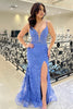 Load image into Gallery viewer, Sparkly Beaded Blue Appliques Mermaid Long Prom Dress with Slit