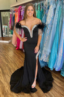 Load image into Gallery viewer, Mermaid Sparkly Beaded Off the Shoulder Black Prom Dress with Slit