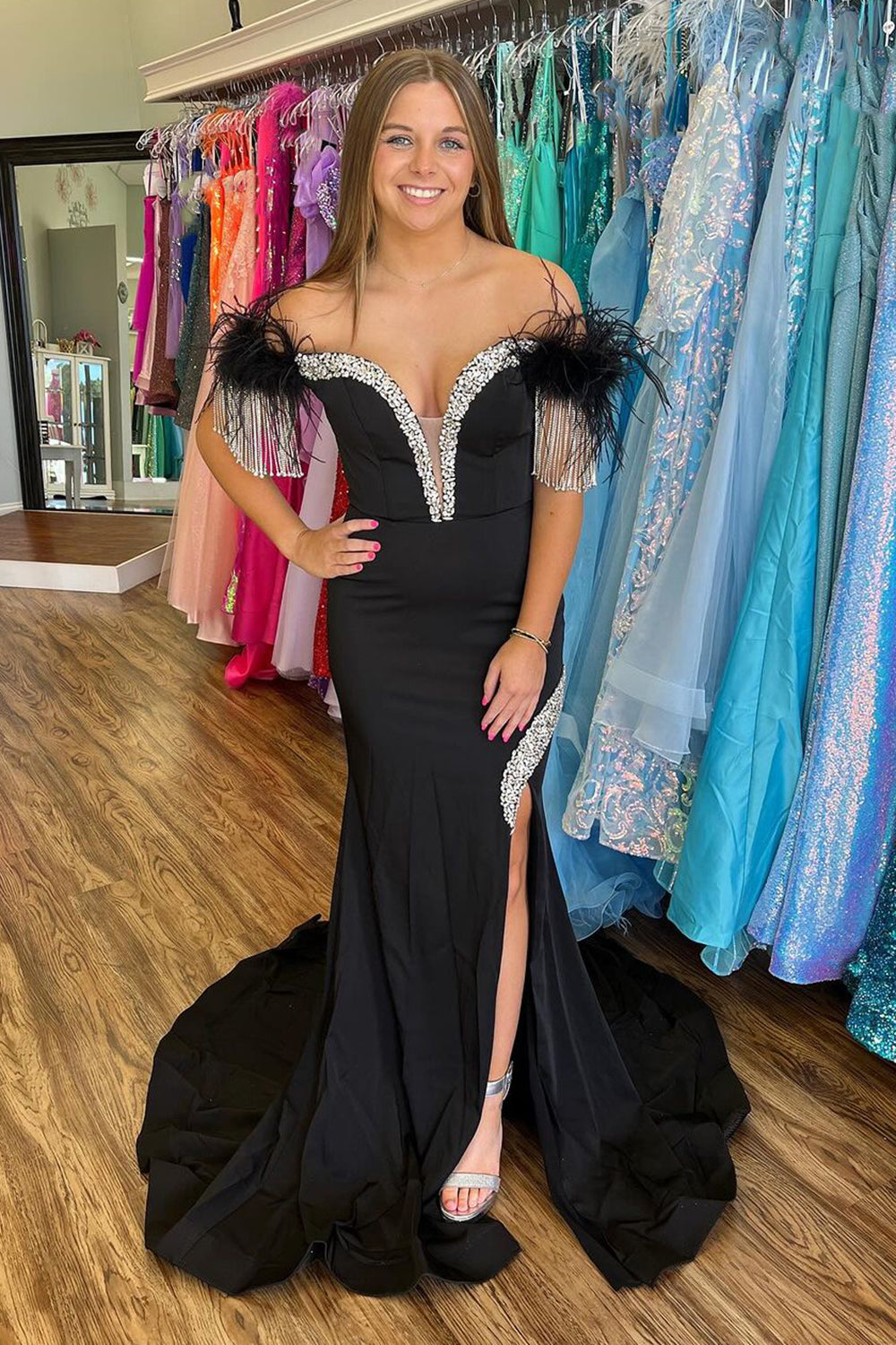 Mermaid Sparkly Beaded Off the Shoulder Black Prom Dress with Slit