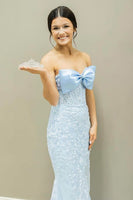 Load image into Gallery viewer, Sky Blue Appliques Mermaid Strapless Tulle Prom Dress