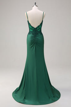 Dark Green Mermaid Ruched Satin Long Prom Dress with Beading