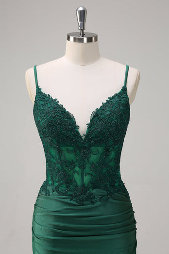 Dark Green Mermaid Ruched Satin Long Prom Dress with Beading