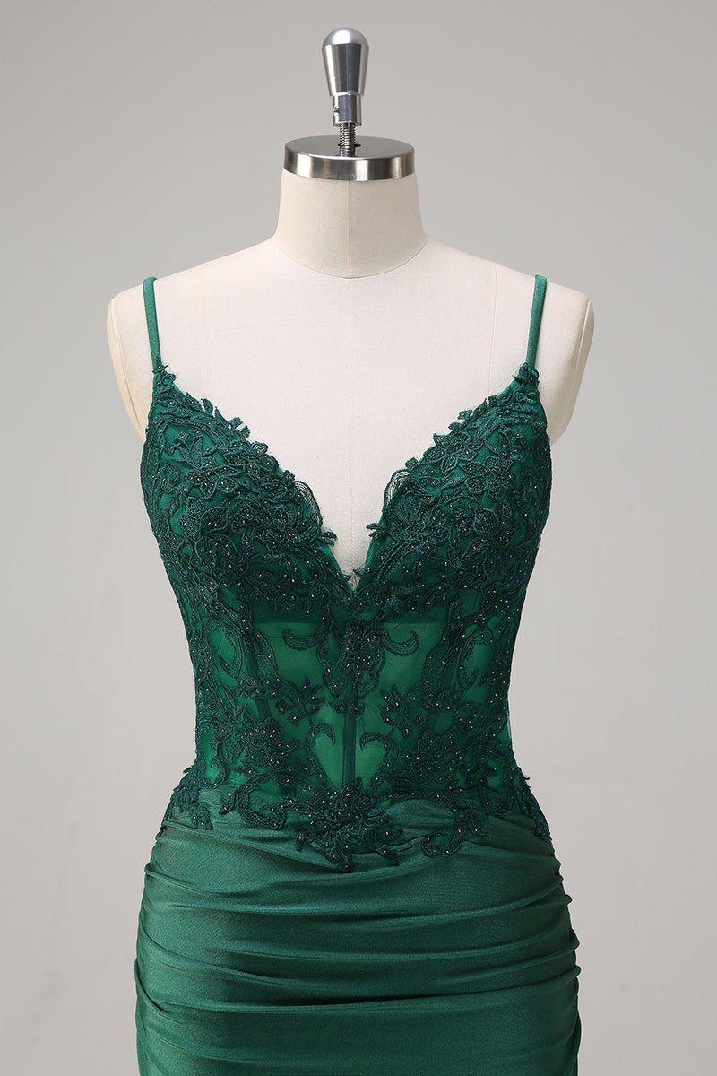 Load image into Gallery viewer, Dark Green Mermaid Ruched Satin Long Prom Dress with Beading