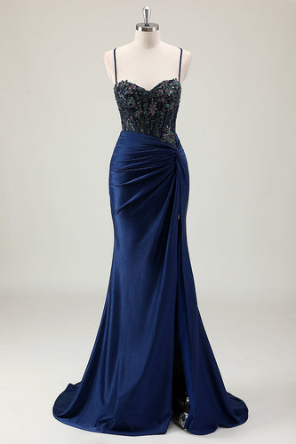 Dark Navy Mermaid Sparkly Sequins Prom Dress with Slit