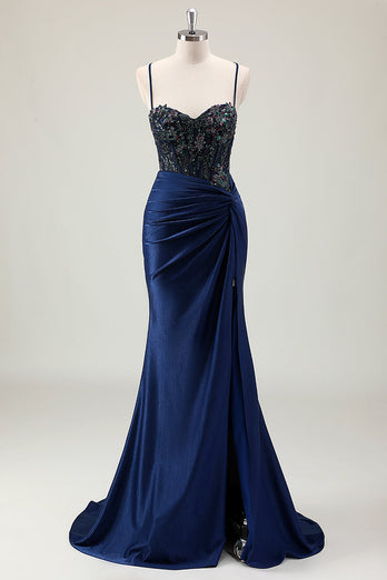 Dark Navy Mermaid Sparkly Sequins Prom Dress with Slit