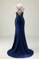 Load image into Gallery viewer, Dark Navy Mermaid Sparkly Sequins Prom Dress with Slit