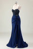 Load image into Gallery viewer, Dark Navy Mermaid Sparkly Sequins Prom Dress with Slit