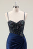 Load image into Gallery viewer, Dark Navy Mermaid Sparkly Sequins Prom Dress with Slit