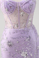 Load image into Gallery viewer, Light Purple Strapless Mermaid Corset Sequin Prom Dress With Slit