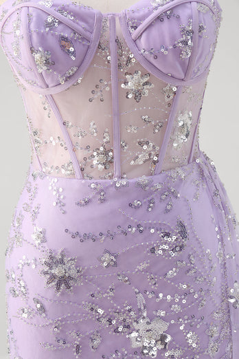 Light Purple Strapless Mermaid Corset Sequin Prom Dress With Slit