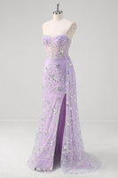 Load image into Gallery viewer, Light Purple Strapless Mermaid Corset Sequin Prom Dress With Slit