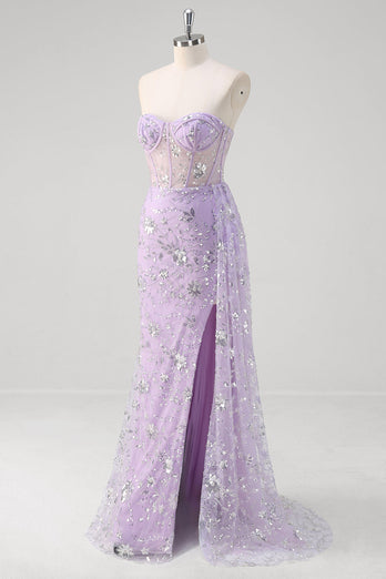 Light Purple Strapless Mermaid Corset Sequin Prom Dress With Slit