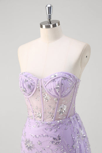 Light Purple Strapless Mermaid Corset Sequin Prom Dress With Slit