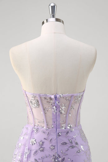 Light Purple Strapless Mermaid Corset Sequin Prom Dress With Slit