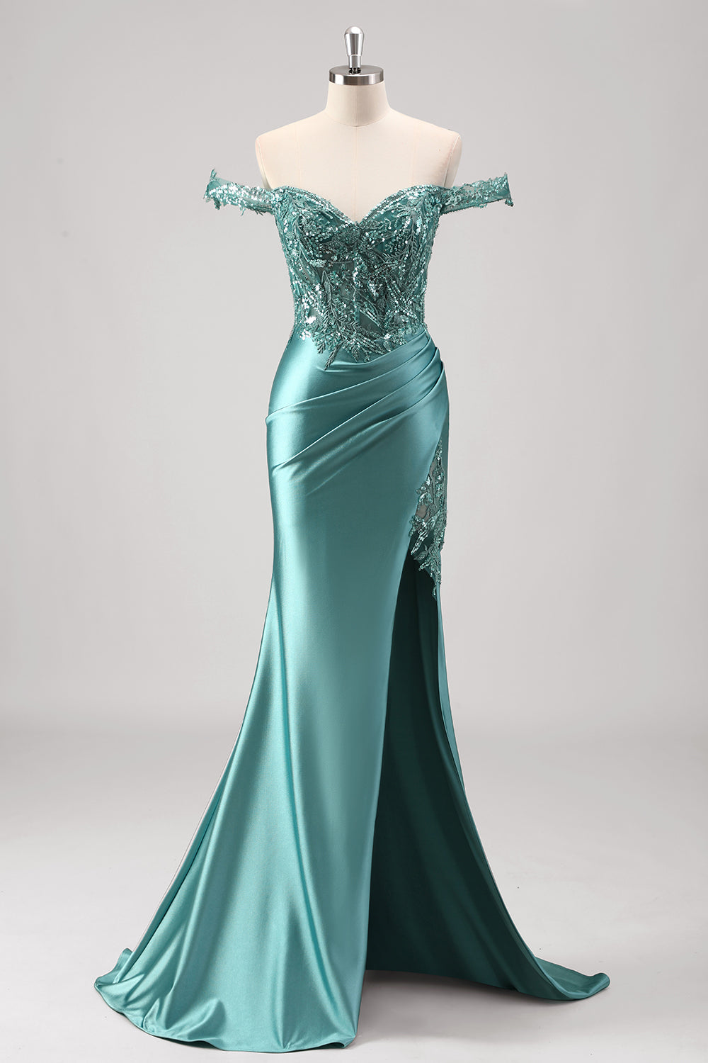 Off The Shoulder Grey Green Mermaid Sequin Metallic Prom Dress