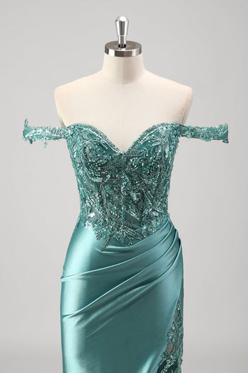 Off The Shoulder Grey Green Mermaid Sequin Metallic Prom Dress
