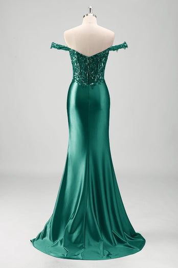 Off The Shoulder Grey Green Mermaid Sequin Metallic Prom Dress