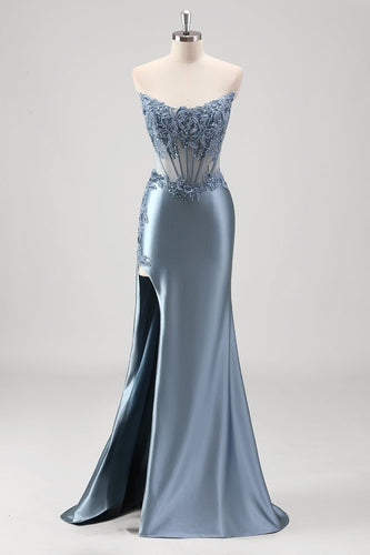 Sparkly Grey Blue Mermaid Strapless Metallic Prom Dress with Slit