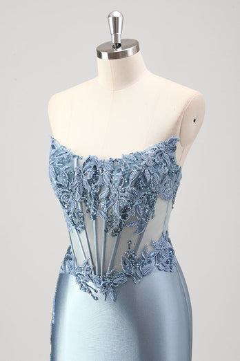 Sparkly Grey Blue Mermaid Strapless Metallic Prom Dress with Slit