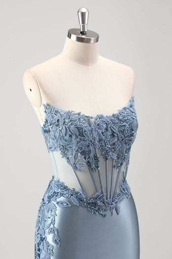 Sparkly Grey Blue Mermaid Strapless Metallic Prom Dress with Slit
