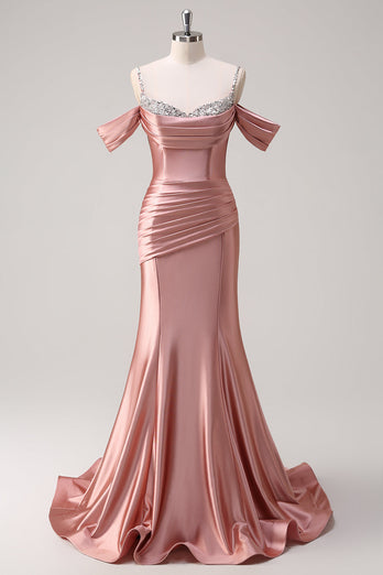 Golden Mermaid Cold Shoulder Sequined Ruched Long Prom Dress