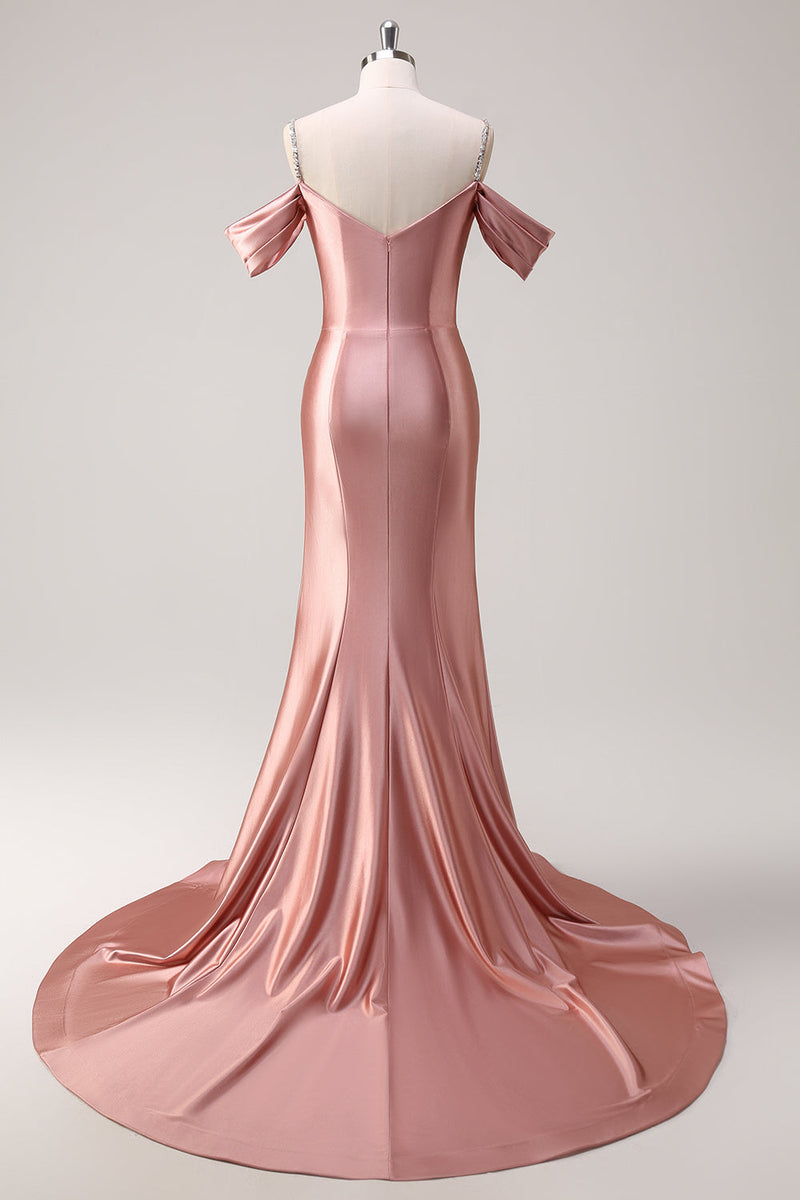Load image into Gallery viewer, Golden Mermaid Cold Shoulder Sequined Ruched Long Prom Dress