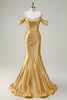 Load image into Gallery viewer, Golden Mermaid Cold Shoulder Sequined Ruched Long Prom Dress