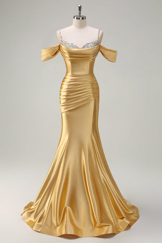 Golden Mermaid Cold Shoulder Sequined Ruched Long Prom Dress