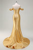 Load image into Gallery viewer, Golden Mermaid Cold Shoulder Sequined Ruched Long Prom Dress