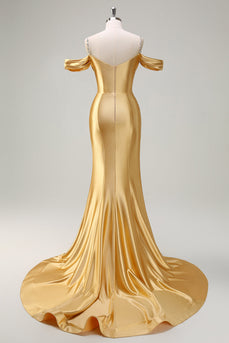 Golden Mermaid Cold Shoulder Sequined Ruched Long Prom Dress