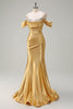 Load image into Gallery viewer, Golden Mermaid Cold Shoulder Sequined Ruched Long Prom Dress