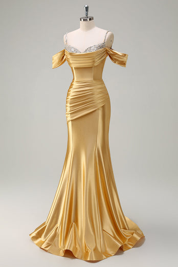 Golden Mermaid Cold Shoulder Sequined Ruched Long Prom Dress
