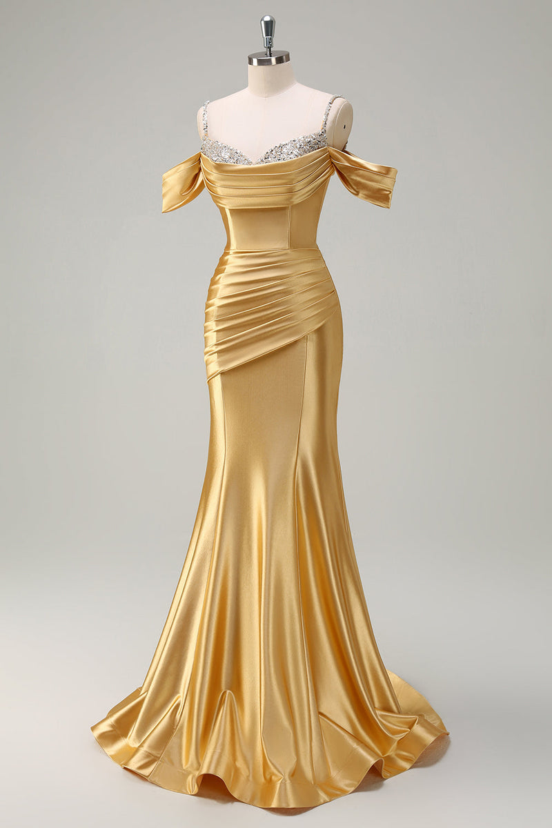 Load image into Gallery viewer, Golden Mermaid Cold Shoulder Sequined Ruched Long Prom Dress