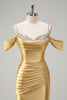 Load image into Gallery viewer, Golden Mermaid Cold Shoulder Sequined Ruched Long Prom Dress