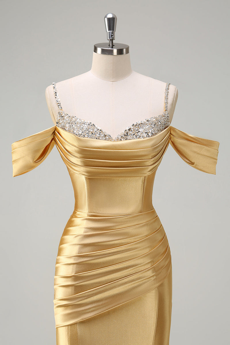 Load image into Gallery viewer, Golden Mermaid Cold Shoulder Sequined Ruched Long Prom Dress