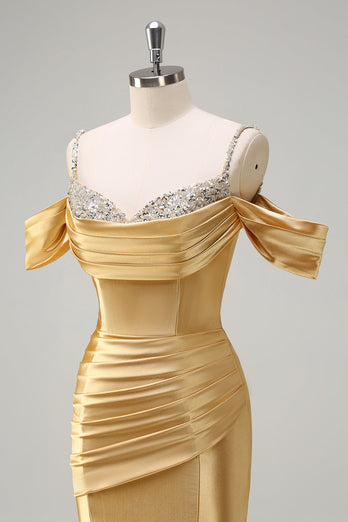Golden Mermaid Cold Shoulder Sequined Ruched Long Prom Dress