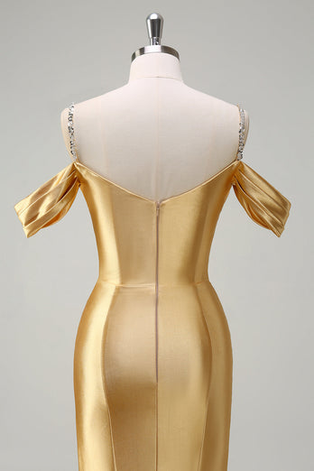 Golden Mermaid Cold Shoulder Sequined Ruched Long Prom Dress